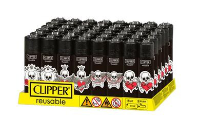 Clipper Black & White Skull Lighters - 48ct