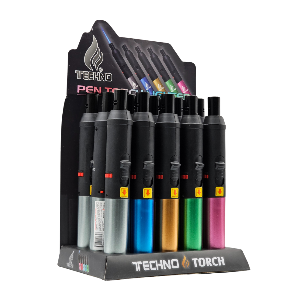Techno 7.25" Metal Pen Torch Lighters - 15ct