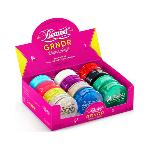 [3 BEAMER CROWN LOGO ACRYLIC GRINDER 12] Beamer Crown Logo 3pc 63mm Acrylic Grinder (Assorted Colors)- 12ct