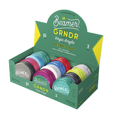 [BEAMER GRNDR VIRGIN ACRYLIC DETROIT LOGO] Beamer GRNDR Virgin Acrylic Detroit Logo 63mm 3-Pc Grinder(Assorted Colors)- 12ct