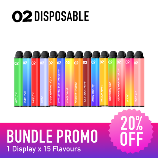 [O2 2500 BUNDLE ON] [ON] (Bundle) O2 2500 Puffs 2mL Disposable Vape - 15 Flavours x 1 Display