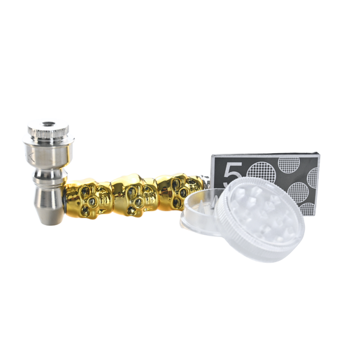 [DK8182DA] D&K Metallic Skull Pipe Set w/ Screens and Grinders - 24ct